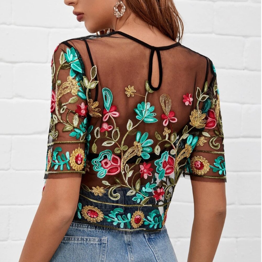 Shein Embroidered Floral Leaf Sheer Black Mesh Crop Top Boho Festival - Picture 2 of 11